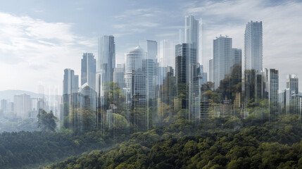 Obraz premium Futuristic city skyline modern architecture glass skyscraper urban forest green city misty morning sustainable design nature fusion skyline high
