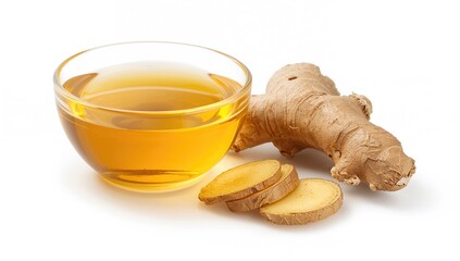 Honey served in a bowl with ginger root slices