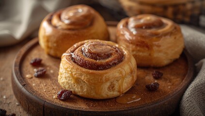 Classic cinnamon rolls served on a rustic wooden platter