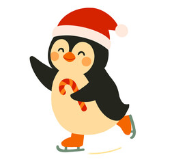 Cartoon Penguin with Santa Hat Ice Skating