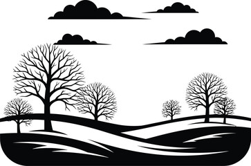 Minimalist black and white landscape with trees and clouds silhouette design