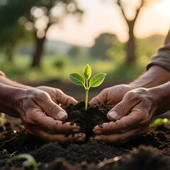 Collaborative Hands Nurturing Young Plant in Fresh Soil Environment