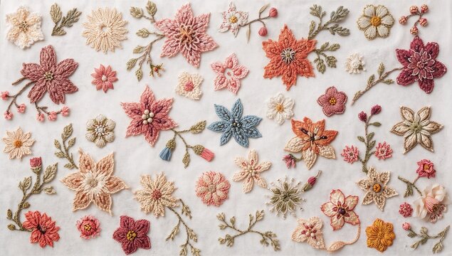 Intricately stitched floral patterns on a clean white backdrop