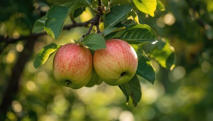 Close-up view of mature apples hanging on branches