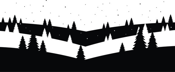 Minimalist winter landscape with pine trees and snow in black and white design