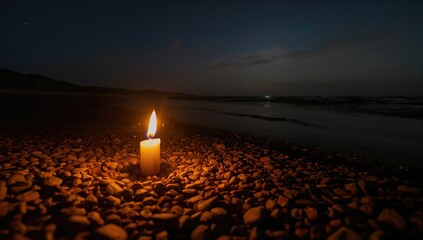 A glowing candle flickers on a rocky beach under the night sky