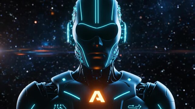 Front view of a sleek, futuristic robot with glowing blue neon lines and an orange a symbol on its chest, set against a starry cosmic background