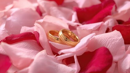 Romantic theme featuring golden wedding bands nestled among red and pink rose petals with a gentle pastel backdrop.