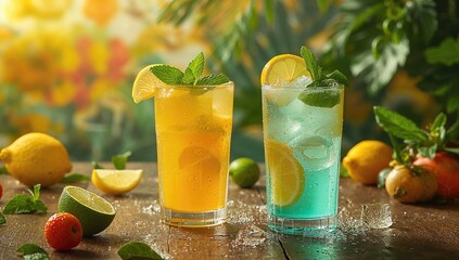 Fototapeta premium Refreshing citrus cocktails served on a rustic wooden surface, perfect for summer parties with fresh fruits and ice