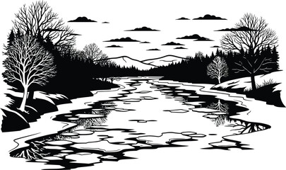 Icy river flowing through a winter landscape with mountains and bare trees view