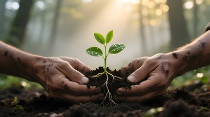 Nurturing Seedling Growth in Rich Soil with Gentle Hands in Forest