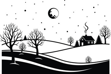 Winter landscape with a house on a hill under a moonlit sky in monochrome art
