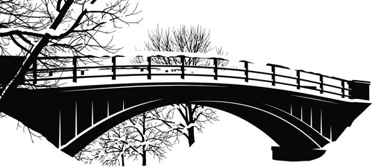 Snow covered bridge with bare trees in a stark black and white winter scene