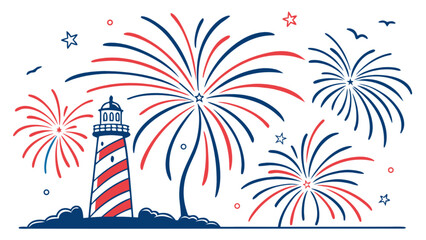 Patriotic lighthouse and fireworks display on white background
