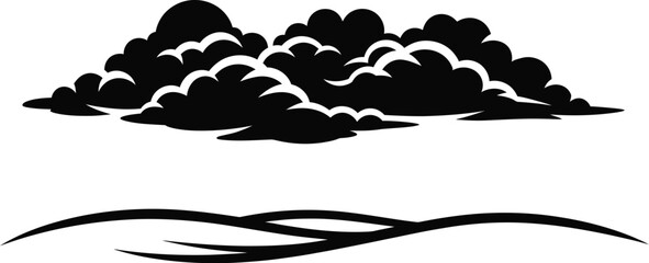 Black and white vector illustration of clouds above a stylized horizon line