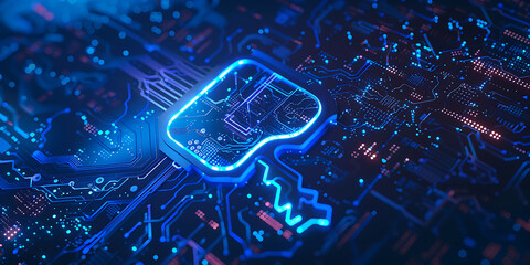Unlock digital future with glowing blue circuit board key
