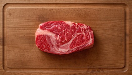 Raw ribeye steak placed on a wooden chopping board, viewed from above