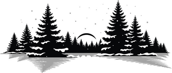 Winter forest silhouette with snow covered trees and moon in a monochrome style