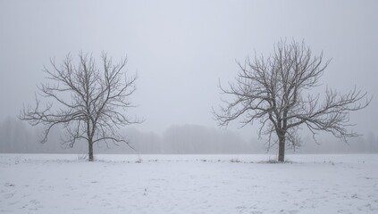 Fog-covered skies loom over a snowy field dotted with leafless trees, creating a serene and minimalist scene