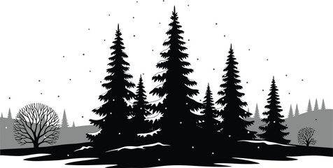 Winter landscape with snow covered evergreen trees in a monochrome illustration