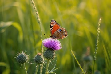 A peacock eye butterfly gathers pollen from a thistle flower