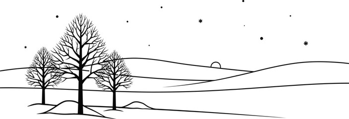 Winter landscape with bare trees and snow covered hills in black and white art