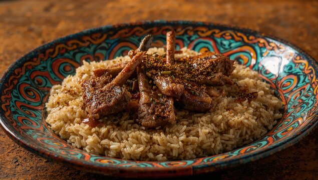 Detailed view of traditional lamb and devsira rice plov served on an artistic ceramic platter