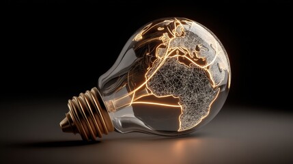 Light bulb with glowing world map representing global connectivity and innovation, showcasing technology and creativity in a modern design