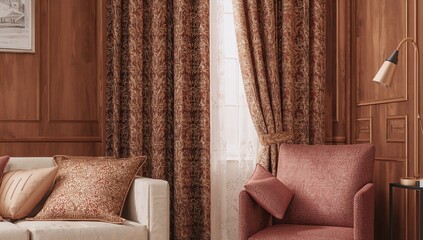 Living room armchair fabric and window drapes