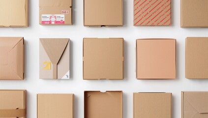 Collection of assorted paper containers and wrappings on a white backdrop. High definition.