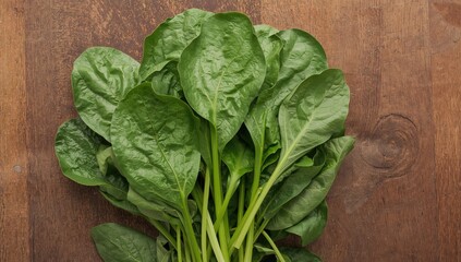 Fototapeta premium Raw spinach leaves displayed on a rustic wooden surface
