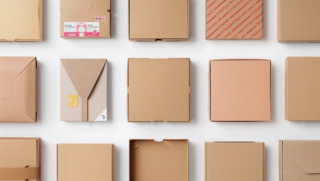 Collection of assorted paper containers and wrappings on a white backdrop. High definition.