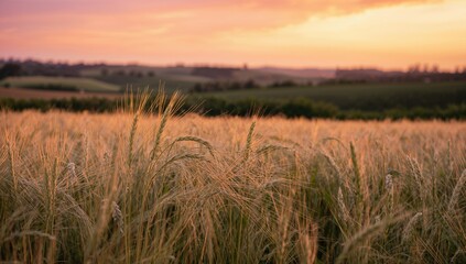 Obraz premium Sunset over a vast golden crop field