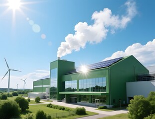 Modern Eco-Friendly Factory with Wind Turbines and Solar Panels