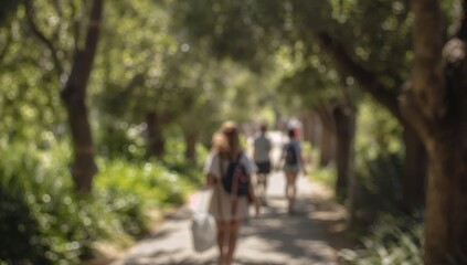 Obraz premium Soft-focus image of individuals walking along a bright, leafy outdoor trail featuring a bokeh effect with a blurred backdrop of foliage and scattered sunlight.