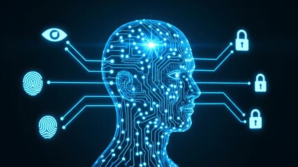 Abstract digital human head with glowing blue circuits and nodes representing artificial intelligence and neural network - Powered by Adobe