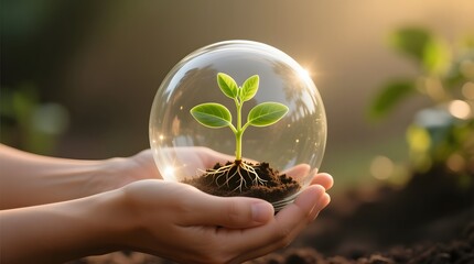 Hands Holding Glass Sphere with Seedling and Soil in Nature
