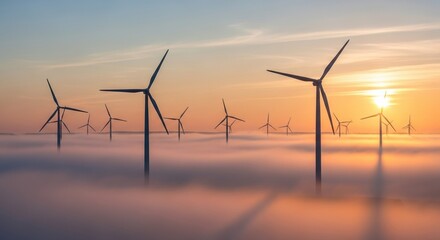 A breathtaking landscape showcasing multiple wind turbines standing tall above a blanket of fog at sunrise, symbolizing renewable energy in harmony with nature.