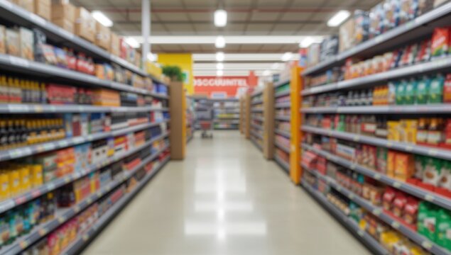 Abstract blurred background of a retail environment. Food aisle and product shelves in a grocery setting. Consumer packaged goods display. Future of resilient food and health technology amidst