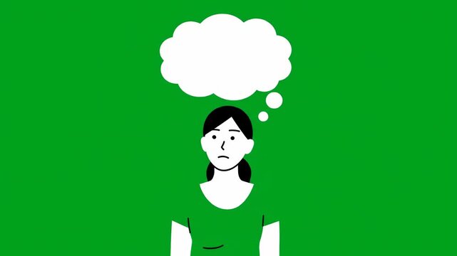 Animated woman thinking with speech bubble on green background video