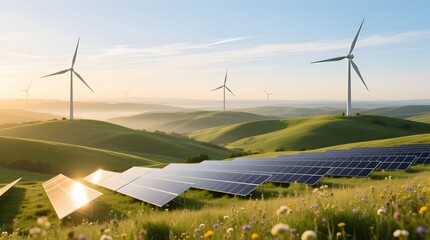 Renewable Energy Landscape with Solar Panels and Wind Turbines