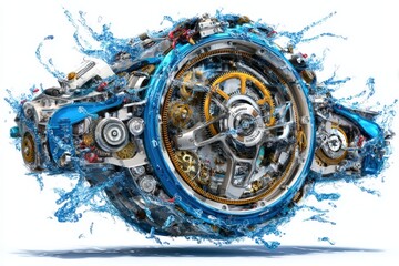 Complex mechanical gears splashing with water in a beautifully crafted symphony of engineering excellence demonstrating innovation and design harmony captured with clarity