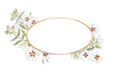 Oval floral frame with watercolor rockrose flowers; for greeting cards, wedding invitations, scrapbooking, note cards, and more
