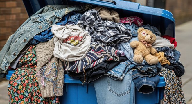 Clothes and teddy bear overflowing from blue dumpster