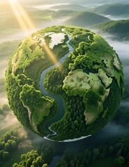 Green Planet Earth Surrounded by Lush Nature and Flowing River