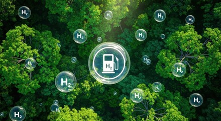 Green hydrogen fuel concept with gas pump symbol and H2 bubbles floating over a lush forest on a bright sunny day