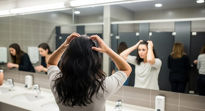 A Young Adult Woman Adjusts Her Hair in a Modern Restroom Mirror, Surrounded by Other Women Engaged in Personal Care Activities