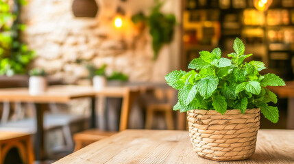 Fresh Green Mint In Woven Pot On Wooden Table At Cozy Eco Cafe For Organic Lifestyle, Interior Design Inspiration, Sustainable Decor, And Urban Botanical Trends