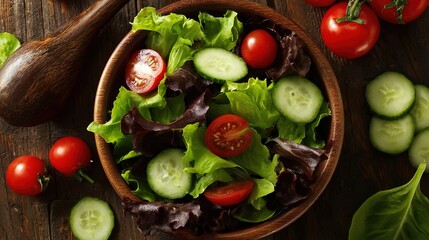 chopped. Vibrant salad bowl with fresh greens, cherry tomatoes, and cucumber slices arranged on a rustic wooden table. menu design.