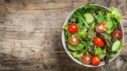 chopped. Vibrant salad bowl with fresh greens, cherry tomatoes, and cucumber slices arranged on a rustic wooden table. menu design.
